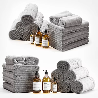 Soft Rolled And Stacked Towels With Gentle Cleanser Bottles For Daily Laundry Use 3d model
