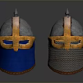 Medieval Helmets With Spiked Top Metal Shell Orange Stripes Blue Fabric And Chainmail Face Guards