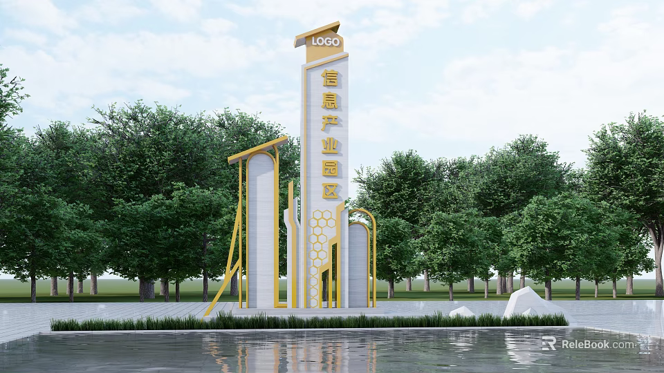 Intelligent Manufacturing Industrial Park Billboard With Modern Golden White Structure Honeycomb Design In Waterfront Setting 3d model 