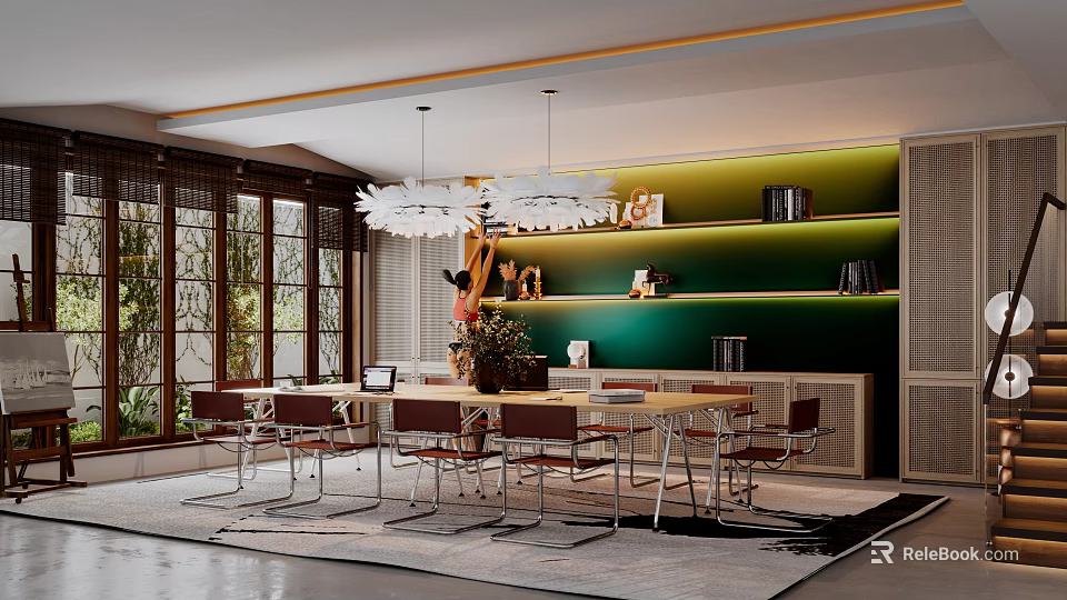Public Office Space With Long Tables Modern Chairs Pendant Lights And Green Plants 3d model 