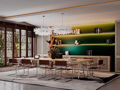 Public Office Space With Long Tables Modern Chairs Pendant Lights And Green Plants 3d model
