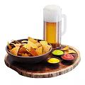 Crispy Tortilla Chips With Assorted Dipping Sauces And Cold Beer On Wooden Tray