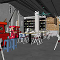 Industrial Style Hotpot Restaurant Interior With Red Decor Metal Tables Chairs And Ceiling Fans