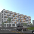 Modern School Building with Multi Story White Exterior Large Windows and Urban Street Setting