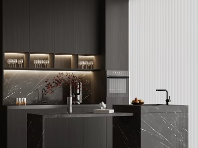 Modern Bar Counter With Black Cabinets Marble Top Wine Glass Rack And Coffee Machine 3d model