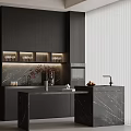 Modern Bar Counter With Black Cabinets Marble Top Wine Glass Rack And Coffee Machine