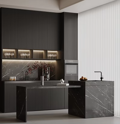 Modern Bar Counter With Black Cabinets Marble Top Wine Glass Rack And Coffee Machine 3d model