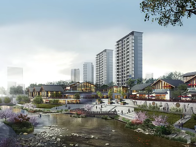 Scenic Commercial Street With River Pedestrians Traditional Modern Buildings Blooming Trees And Flowers 3d model