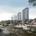 Scenic Commercial Street With River Pedestrians Traditional Modern Buildings Blooming Trees And Flowers
