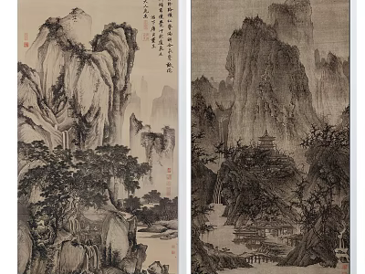 Traditional Chinese Landscape Painting With Mountains Rivers Trees And Ancient Pagoda 3d model