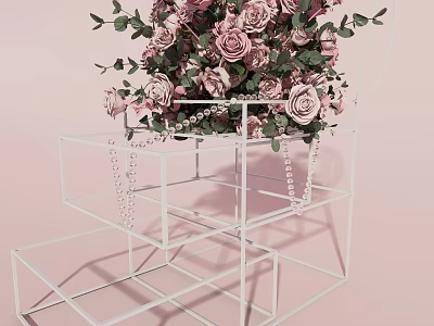 Elegant Banquet Hall Decor With White Geometric Frame Pink Purple Rose Bouquet And Pearl String 3d model