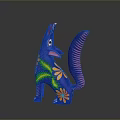 Blue Fox Shaped Decorative Figurine With Floral Patterns Green Leaves And Purple Pink Striped Tail