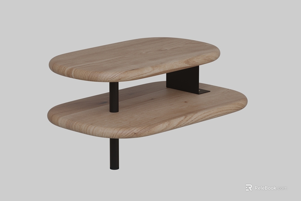 Modern Two Tier Wooden Side Table With Black Metal Legs And Natural Wood Finish 3d model 