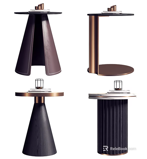 Brass And Black Round Side Tables With Conical Bases And Fluted Columns 3d model