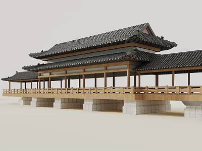Traditional East Asian Wooden Pavilion With Multi Layered Black Tiled Roof And Stone Pillar Base 3d model