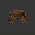 Antique Red Wooden Cart Featuring Large Spoked Wheels And Rustic Weathered Design