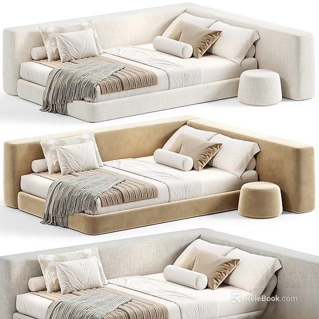 Soft Colored Kids Bed With Padded Headboard Decorative Pillows Tassel Blanket And Matching Stool 3d model 