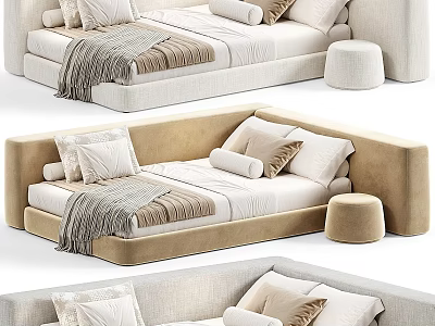 Soft Colored Kids Bed With Padded Headboard Decorative Pillows Tassel Blanket And Matching Stool 3d model
