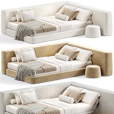 Soft Colored Kids Bed With Padded Headboard Decorative Pillows Tassel Blanket And Matching Stool 3d model