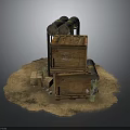 Weapon Storage Setup With Wooden Crates Metal Barrels On Dirt Ground Surface