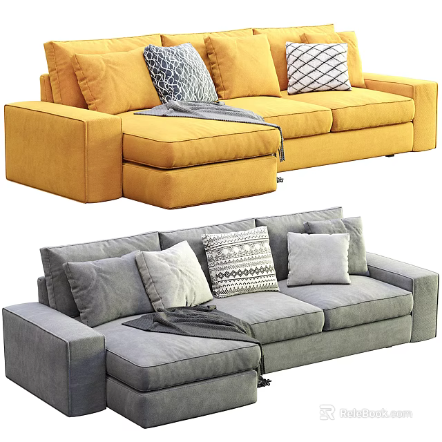 Modern Yellow and Gray Sectional Sofa with Pillows and Throw Blanket 3d model