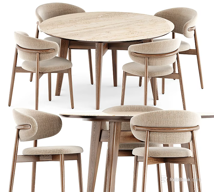 Modern Round Wooden Dining Table Set With Upholstered Chairs And Minimalist Design 3d model 