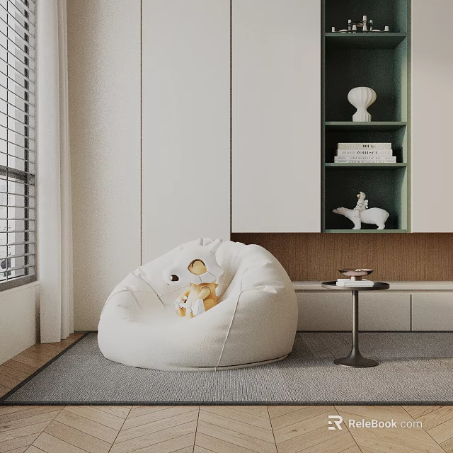 White Bean Bag Chair in Modern Living Room with Small Table Bookshelf and Window 3d model 