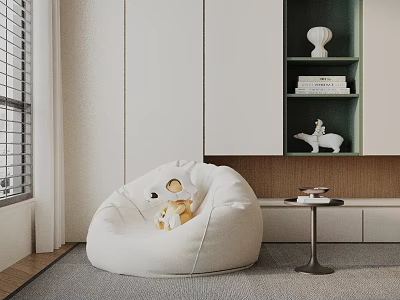 White Bean Bag Chair in Modern Living Room with Small Table Bookshelf and Window 3d model
