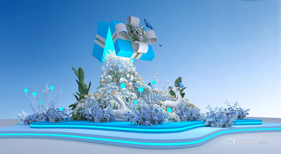Elegant Shopping Mall Lobby With Blue Gift Box Flowers Swans And Lighting Decor 3d model 