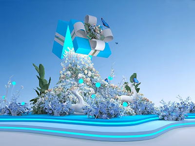 Elegant Shopping Mall Lobby With Blue Gift Box Flowers Swans And Lighting Decor 3d model