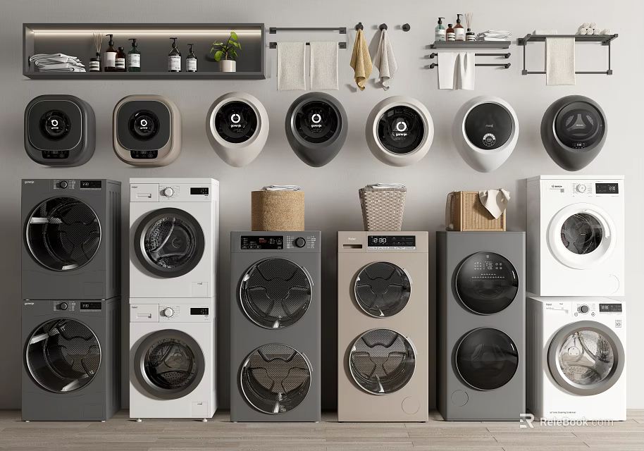 Various Modern Washing Machines With Wall Mounted And Freestanding Designs In Gray White Colors 3d model 