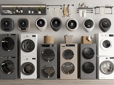 Various Modern Washing Machines With Wall Mounted And Freestanding Designs In Gray White Colors 3d model