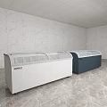 Two Freezers White and Dark Blue in Indoor Space with Light-Colored Walls Gray Floor Tiles