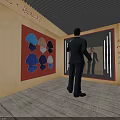 Exhibition Space Interior With Fitting Room Wall Displays Mirrors And Visitor Standing