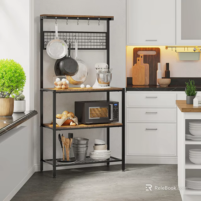 Kitchen Storage Shelf with Metal Wood Frame Microwave Bread Eggs and Cooking Utensils 3d model 