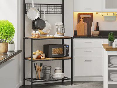 Kitchen Storage Shelf with Metal Wood Frame Microwave Bread Eggs and Cooking Utensils 3d model