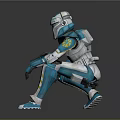 Sci Fi Creature Character With Blue White Yellow Armor In Crouching Pose Design 3d model