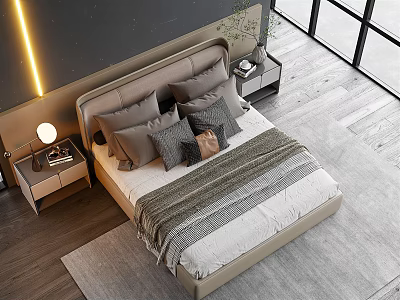 Modern Double Bed with Upholstered Headboard Gray Pillows Striped Blanket Nightstands and Round Table Lamp 3d model