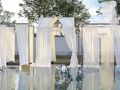 White Ceiling Drapes Decor With Outdoor Archway Frames Water Reflection And Trees 3d model