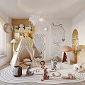 Kids Room Interior With Play Tent Toys Round Rug Bear Wall Design And Chandelier