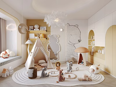 Kids Room Interior With Play Tent Toys Round Rug Bear Wall Design And Chandelier 3d model