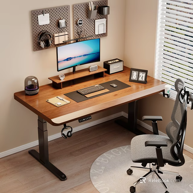 Modern Wooden Home Office Desk With Monitor Keyboard Mouse Pad Notebook Calendar And Chair 3d model 