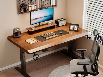 Modern Wooden Home Office Desk With Monitor Keyboard Mouse Pad Notebook Calendar And Chair 3d model