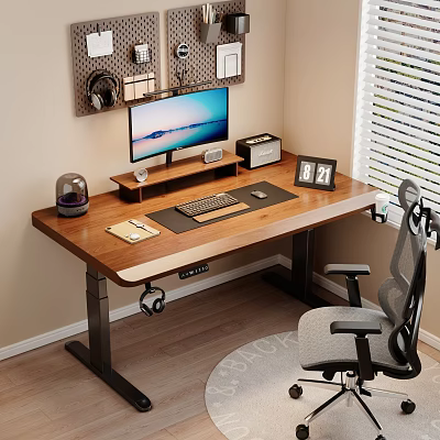 Modern Wooden Home Office Desk With Monitor Keyboard Mouse Pad Notebook Calendar And Chair 3d model