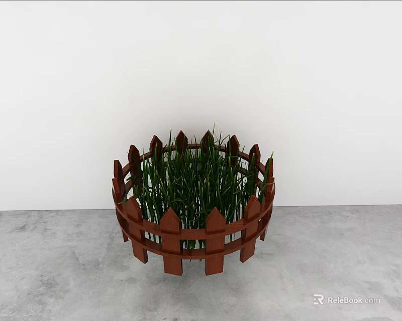 Green Grass Plants In Round Brown Wooden Fence Planter On Gray Floor With White Wall 3d model 