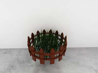 Green Grass Plants In Round Brown Wooden Fence Planter On Gray Floor With White Wall 3d model