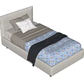 Single Bed With Light Gray Frame Headboard Blue Patterned Sheet Brown Black Blankets And Pillows 3d model