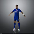 Football Player in Blue BAVVY Jersey Number 10 Stands with Football Against Gray Background