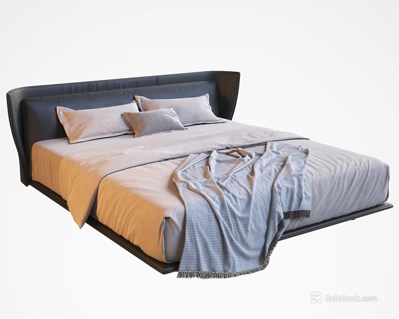 Modern Double Bed With Dark Headboard Light Pillows And Gray Blanket 3d model