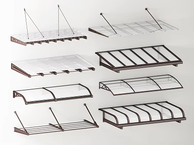 Different Styles of Outdoor Transparent Awnings With Metal Frame and Curved Flat Roofs 3d model